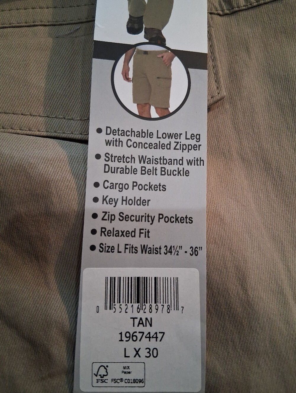 Mens L x 30 BC Clothing Convertible Cargo Stretch Pant Tan Zip Off Hiking - Picture 2 of 8